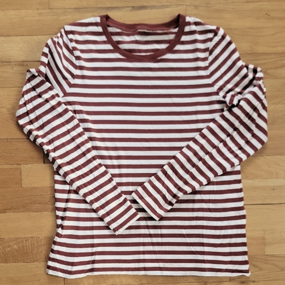 Striped Long-Sleeve Crewneck Top - White & Rust